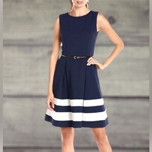 Calvin Klein Navy Blue and White  Dress with Gold Belt